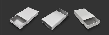 Open slide box mockup. Realistic vector illustration set of white blank carton package with sleeve....