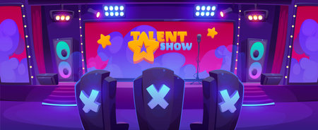 Talent show setup in big hall with micro and loudspeakers on scene, large screen, chairs of jury, spotlights. Cartoon vector of empty competition and contest stage.のイラスト素材