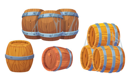 Old wooden barrels with metallic rings for wine and whiskey making, gunpowder and tnt storage....