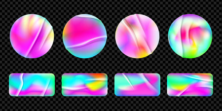 Iridescent holograph round and rectangle sticker with wrinkles. Realistic vector illustration set of silver label with hologram effect. Bright gradient sticky stamp or badge - promo text box.のイラスト素材