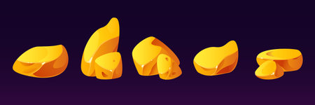 Gold nugget for mine and treasure in game ui design. Cartoon vector illustration set of yellow glossy shiny precious stones. Gui assets of raw golden crystals. Expensive raw materials gem pieces.のイラスト素材
