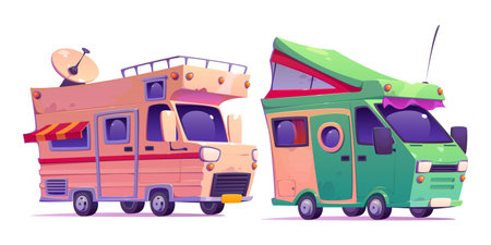 Family camper van with tent for travel concept. Cartoon vector illustration set of caravan car for summertime recreational adventure and vacation. Vintage rv trailer vehicle and motorhome or trip.のイラスト素材