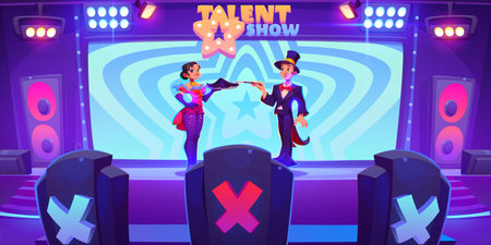 Talent show scene with magician performers in big hall with chairs of jury with reaction, spotlights and loudspeaker. Cartoon vector illustration of performance review on competition and contest stageのイラスト素材