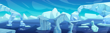 Arctic landscape with iceberg in ocean or sea. Cartoon vector illustration of blue polar scenery with glacier snow mountain and ice blocks floating in water. Cold northern horizon with floe.のイラスト素材
