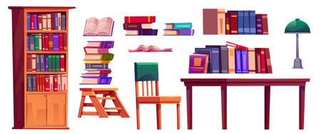 Public library books, furniture and equipment cartoon vector illustration set. Literature on shelves in bookcase, in stacks and open, wooden table and chair, lamp for school study or reading concept.のイラスト素材