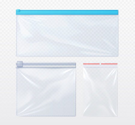 Plastic bag with zip locker mockup. Realistic vector illustration set of template for transparent clear empty sachet with zipper. Nylon pouch pocket. Vinyl package with lock for food or candy storage.のイラスト素材
