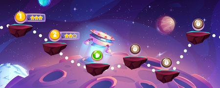 Game level map with floating islands and star rating, flying spaceship on outer space background with alien planets. Cartoon videogame universe interface with rock platform stage on route for jump.のイラスト素材