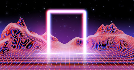 Neon synthwave game background with arch and retro grid. Cyber space retrowave abstract vaporwave...