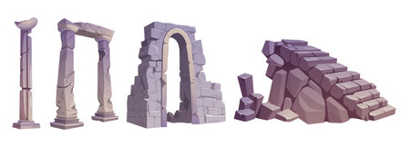 Ancient ruin vector set. Old Atlantis city temple building pillar and arch. Broken and abandoned antique Greek monument design. Destruction stone column for garden or museum of Rome civilization.のイラスト素材