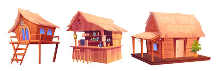 Summer beach houses set isolated on white background. Vector cartoon illustration of tropical bar, alcohol bottles on shelves, old wooden hut with ladder and straw roof, summer beach resort design elementsのイラスト素材
