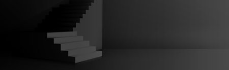 Black background with staircase realistic 3d vector illustration. Mockup of angle stair podium, empty dark room interior. Minimal studio perspective scene for product display. Abstract blank templateのイラスト素材