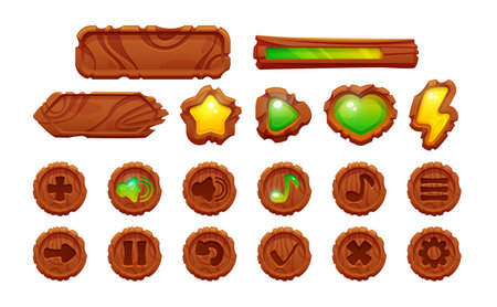 Wooden game ui design elements for videogame menu. Cartoon vector illustration set of wood texture plates with empty space for text, buttons, progress bar and achievement icon. Brown interface frame.のイラスト素材