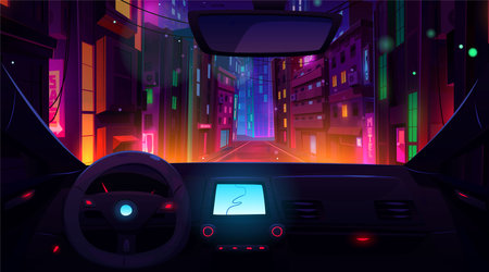 Car inside dashboard and future neon road view vector illustration. Cityscape drive with urban light street landscape and transport interior. Taxi gps navigation display in dark futuristic downtown.のイラスト素材