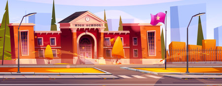 High school building in autumn city. Vector cartoon illustration of educational institution brick facade with door and windows, yellow foliage on trees and bushes in park, cityscape under blue skyのイラスト素材