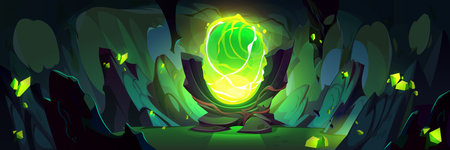 Dark cave with magic portal on dangerous swamp. Vector cartoon illustration of underground tunnel with mineral crystals on rocky stone walls, green light glowing in fantasy teleport to parallel worldのイラスト素材