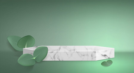 3d white marble podium on green background. Beauty skincare product stage banner for ad. Cosmetic cream stand with leaves design. Organic mockup template for sale promo showcase with leaf decoration.のイラスト素材