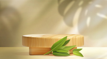 Wooden cylinder product podium with green leave and monstera shadow on wall. Natural pastel beige composition in studio room interior with wood platform and foliage Realistic vector display mockup.のイラスト素材