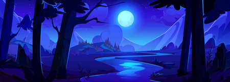 Night river in mountain valley. Vector cartoon illustration of beautiful dark scenery, forest trees on hills, full moon reflection on water surface, stars glowing in midnight sky, travel backgroundのイラスト素材