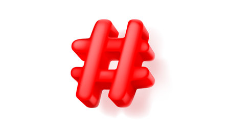 Red 3d hashtag symbol. Realistic vector illustration of hash tag icon for social media concept. Single balloon inflatable volumetric typography symbol with shadow for comment and tweet message.のイラスト素材