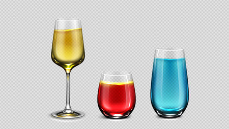 Cocktail glass with colorful liquid drinks on transparent background. Realistic vector illustration set of alcohol beverage glassware mockup for restaurant menu. Goblet with bright aperitif.のイラスト素材