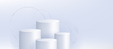 White 3D cylinders and silver circles isolated on gradient background. Vector realistic illustration...