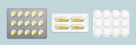Pill blister with medicines. Realistic 3d vector mockup set of foil transparent and white package with tablets and capsules. Plastic pharmaceutical storage box with drugs. Medication container.のイラスト素材
