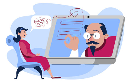 Online psychologist therapy session for patient. Psychotherapy via laptop for woman health and support. Counselor doctor on professional interview meeting. Sad addiction girl need advice and treatmentのイラスト素材