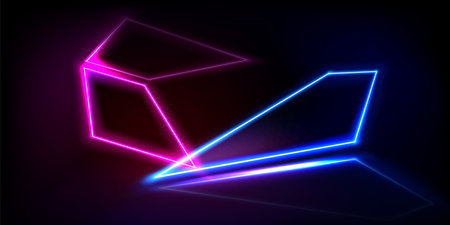 Abstract neon light arrow line background in vector. Blue and pink futuristic laser effect banner. Shine led night bar geometric show backdrop. Bright color cyber design for party with direction signのイラスト素材