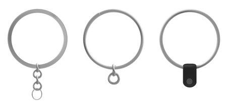 Isolated metal keychain ring holder vector mockup. Silver round key chain fob for car, house. 3d realistic hanging steel frame accessory mock up. Chains part equipment for souvenir template designのイラスト素材