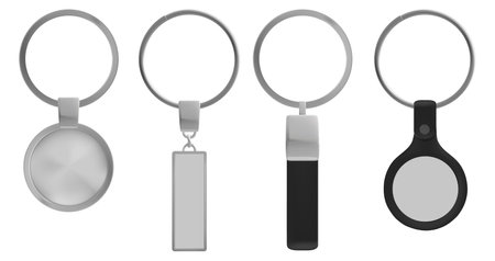 Silver blank key chair ring template vector design. Isolated metal keyring round mockup for branding, car lock or home. Rectangular empty frame tag and magnetic label for identity and advertisingのイラスト素材