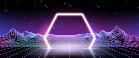Cyberpunk background with neon hexagon on wireframe landscape. Vector realistic illustration of y2k style banner, retro wave starry night sky gradient and grid mountains, synthwave light frame designのイラスト素材