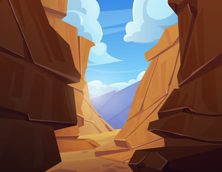Desert landscape with canyon rock cartoon vector. Western scene with wild grand stone in dirty arizona national park valley. Rocky cliff and boulder formation scenery way for game design interfaceのイラスト素材