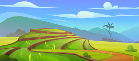 Asian rice field landscape. Vector cartoon illustration of green tea plantation with terrace terrain, bushes, palm tree and green grass on hill, mountain silhouette on horizon, farming land, blue skyのイラスト素材