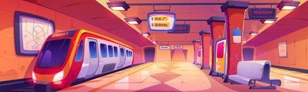 Train on subway station. Underground city metro railway illustration. Public rail transport cartoon background. Tunnel interior with passenger machine express arrival track. Screen and bench insideのイラスト素材