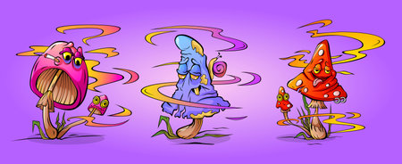 Funny groovy trippy mushroom with funky face emotions and smoke. Fantasy hippy psychedelic fungus. Cartoon vector illustration set of weird psilocybin trip plant for retro design. Crazy surreal shroomのイラスト素材