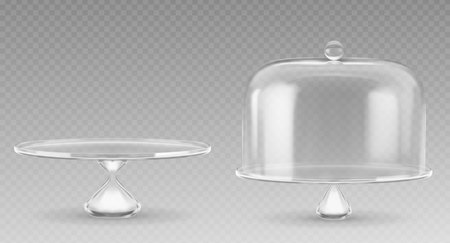 Cake glass stand with dome bell cover mockup. Realistic 3d vector illustration set of transparent plastic empty tray with cap. Dessert bakery cloche pedestal. Cylinder glassware showcase or platterのイラスト素材