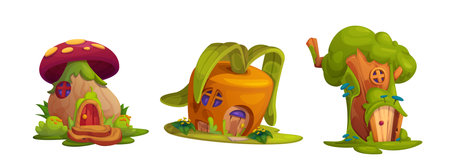 Magic fairy gnome or animal house made from mushroom, carrot and wood stump with windows and doors. Cute cartoon vector set of fantasy elf tiny home. imagination woodland or garden huts and cottages.のイラスト素材