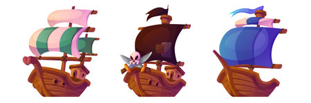 Old wooden sailboats set isolated on white background. Vector cartoon illustration of merchant vessel with color sails, pirate boat with skull and corsair cutlasses on board, adventure game vesselsのイラスト素材