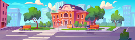 School building and outside yard cartoon background. City university house near park and road. College campus exterior with street landscape. Museum or public government institution outdoor graphicのイラスト素材