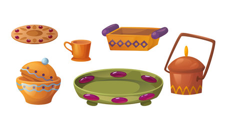 Vintage arab utensils set isolated on white background. Vector cartoon illustration of traditional clay cup, plate, tray decorated with oriental ornament, restaurant or home kitchen design elementsのイラスト素材