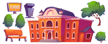 School building outside with yard elements. Cartoon vector illustration set of education house exterior with red brick wall, sign and bench, green trees and bushes, trash can. Schoolhouse architectureのイラスト素材