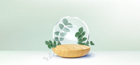 Wooden platform with eucalyptus branch, glassmorphism decoration on pastel background. Vector realistic illustration of abstract round stage for organic product presentation, exhibition display mockupのイラスト素材