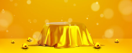 Round product podium covered with golden fabric drapery in yellow studio room interior with decorative ball. Realistic 3d vector illustration of pedestal hidden under gold glossy curtain drapery.のイラスト素材