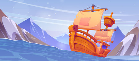 Old wooden sailboat floating in sea, snowy rocky mountains on horizon. Vector cartoon illustration of north scenery with viking vessel sailing on stormy water waves, adventure travel game backgroundのイラスト素材