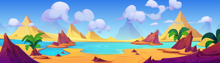 Desert landscape with dunes and lake. Cartoon vector illustration of empty drought sand scenery with hills, water pond or river with bushes on shore, blue sky with clouds on sunny summer day.のイラスト素材