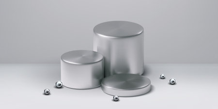 Metal cylinder podium with three stair steps and decorative balls. Realistic 3d vector illustration of silver product display platform or stage. Steel or chrome pedestal. Stainless pipe base mockup.のイラスト素材