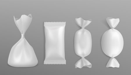Candy wrapper mockup. Realistic 3d vector illustration set of white blank plastic sweet dessert package. Different shapes of foil bonbon or chocolate wrap template. Empty confectionery pack.のイラスト素材