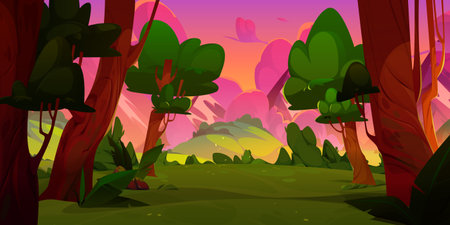 Sunset forest scene. Cartoon sunrise landscape with tree and pink sky. Fairy woods valley for hiking or wild game adventure illustration. Grass glade near hill area with amazing beautiful scenery viewのイラスト素材