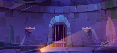 Abandoned castle dungeon room with light on wall. Dark medieval interior with prison door in scary basement. Spooky ancient temple and lost search flashlight with nobody. Horror place in palace towerのイラスト素材