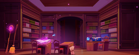 Magic school library interior. Vector cartoon illustration of dark room with vintage bookcases, many books on shelves, spellbook on desk, broomstick and staff with gemstone, fortunetelling crystalのイラスト素材
